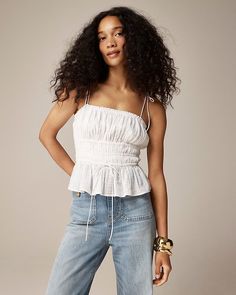 J.Crew: Clio Top In Textured Gauze For Women Non-stretch Cropped Tops For Day Out, Fitted Trendy Sleeveless Blouse, Textured Cotton Tops For Spring, Chic Fitted Textured Blouse, Chic Textured Fitted Blouse, Feminine Cropped Tops For Spring, Chic Textured Cotton Tops, Chic Cotton Tops With Textured Detail, Textured Cropped Top For Spring