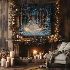 a living room decorated for christmas with lit candles and an art work on the wall