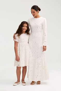 Embrace elegance with our Rayaa White Lace Dress, crafted with delicate lace and designed to match mommy's style. Make a statement at any special occasion with this exclusive piece. Model is 8 years old and 54 in. tall wearing size 8Y-9Y. White Dress Formal, Nikkah Dress, Dresses Flowy, Modest Dress, Mommy Style, White Lace Dress, Engagement Dresses, Ribbed Dresses, Basic Dress