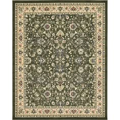 a green rug with an ornate design on the center and bottom, in various colors