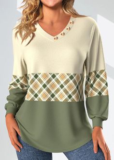 ROTITA Patchwork Plaid Light Yellow V Neck T Shirt White Crew Neck Top With Geometric Pattern, Trendy Long Sleeve Tops With Geometric Pattern, White Geometric Pattern Crew Neck Top, Patterned Patchwork Long Sleeve Tops, Casual Green Tops With Geometric Pattern, Casual Green Top With Geometric Pattern, Printed Green Tops For Winter, Multicolor Geometric Pattern Top For Fall, Fall Multicolor Geometric Pattern Top