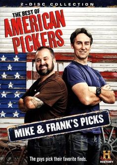 two men standing next to each other in front of an american pickers sign with the words mike and frank's picks