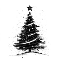 a black and white drawing of a christmas tree with stars on it's top