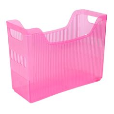 a pink plastic storage bin with handles