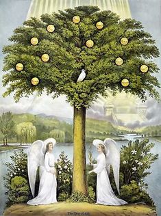 an image of two angels in front of a tree with lemons growing on it