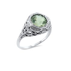 Vintage Estate Natural Green Amethyst Solitaire Filigree Ring. Floral Designs. 925 Solid Sterling Silver. The Top Of The Ring Measures 10.5mm Just Over 3/8 Inches At The Widest Point, Set With One Round Faceted 7mm Natural Green Amethyst Stone. Stamped 925. Excellent Condition/Like New. Formal Sterling Silver Birthstone Ring, Vintage Green Sterling Silver Signet Ring, Classic Green Amethyst Ring Gift, Classic Green Amethyst Ring As Gift, Classic Green Amethyst Ring For Gift, Green Sterling Silver Amethyst Ring For Wedding, Antique Amethyst Birthstone Ring, Green Amethyst Rings In Fine Jewelry Style, Green Amethyst Ring For Formal Occasions