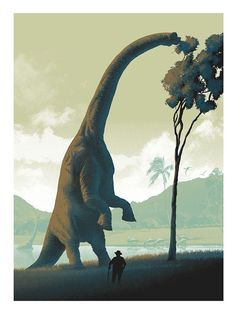 two people are standing in front of a large dinosaur that is eating from a tree