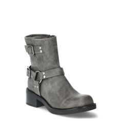 Pure fireNo Boundaries Moto Boots put an edgy spin on any outfit. Whether you pair these ankle boots with a maxi dress, shorts or jeans, youre sure to love the vibe. The combination chunky sole and buckle accents give these boots stand-out style that transcends trends. Only at Walmart. Size: 6.  Color: Gray.  Gender: female.  Age Group: adult. Fitted Rugged Moto Boots With Round Toe, Rugged Fitted Moto Boots With Round Toe, Edgy Ankle-high Moto Boots For Fall, Edgy Ankle-high Moto Boots For Winter, Trendy Fitted Moto Boots For Fall, Trendy Ankle-high Moto Boots For Fall, Trendy Fitted Leather Moto Boots, Trendy Leather Moto Boots, Fall Moto Boots With Buckle Closure For Biker Events