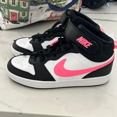 Brand New Nike High Top Pink/White/ Black Sneakers Size 6.5! Black And Pink Nike Shoes, Cute High Top Sneakers, Pink And Black Sneakers, Pink And Black Nike Shoes, Cute Shoes Women, Pink And Black Shoes, Black Nike High Tops