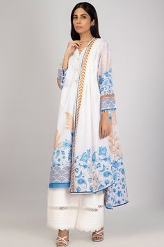 Unstitched Blue Floral Print Kurta, Blue Floral Print Unstitched Kurta, Blue Kurta With Printed Motifs For Spring, Spring Blue Floral Print Kurta, Light Blue Cotton Lawn Suit For Summer, Blue Cotton Sets With Printed Border, White Sets With Printed Border For Spring, Blue Digital Print Kurta For Eid, Cotton Lawn Suit With Printed Motifs In Indigo