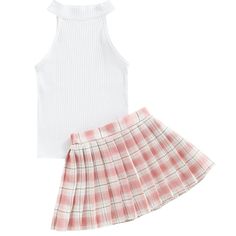 Size: 2t 3t 4t 5t 6 Material: Cotton Care: Machine Wash Cute Sleeveless School Sets, Top And Skirt Outfit, Tank Top And Skirt, White Ribbed Tank Top, Casual Dress Outfit, Summer Casual Dress, Plaid Skirt Outfit, Mini Pleated Skirt, Plaid Pleated Skirt