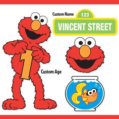 the sesame street character is standing next to a fish bowl with a name tag on it