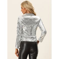 This chic and unique stylish jacket embellished with sparkly sequins is suitable for parties, cocktails, evening wear, dance performances, clubs, and so on. Pair this open-front jacket with dresses, tank tops, and shirts with your jeans and leggings. With sequin and metallic fabric, this blazer makes you shiny in the crowd. It is suitable for Christmas Day, parties, clubs, discos, nights out, daily wear, weekends, and shopping. Sequin Blazer, Open Front Jacket, Metallic Fabric, Stylish Jackets, Contrast Collar, Women's Jackets, Cropped Jacket, Jacket Blazer, Chic Woman