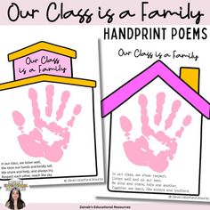 two handprints in front of a house with the words our class is a family