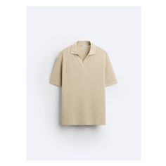 Relaxed fit polo shirt. Lapel collar with front opening. Short sleeves. Rib trim. Elegant Short Sleeve Tops With Ribbed Collar, Elegant Summer Tops With Ribbed Collar, Summer Workwear Polo Shirt With Ribbed Collar, Classic Short Sleeve Polo Sweater With Striped Collar, Classic Beige Polo Shirt With Collared Neckline, Classic Beige Collared Polo Shirt, Summer Polo Sweater With Ribbed Collar For Work, V-neck Workwear Tops With Striped Collar, V-neck Tops With Striped Collar For Work