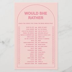 Minimalist would she rather bridal shower game fly Editable Template Camping Wine, Would She Rather, Barbie Bridal, Invitation Fonts, Elegant Bridal Shower, Pink Bridal Shower, Bridal Shower Game, Bridal Brunch, Perfect Baby Shower