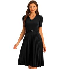 Upgrade your workwear wardrobe with the Allegra K Work Dress and exude confidence and sophistication every day. The pleated detailing adds texture and movement to the dress, adding an extra element of style. Pair it with your favorite heels or flats, add some accessories, and you're ready to conquer the office in style. V-neck Pleated Waist Dress For Work, Fitted V-neck Pleated Dress With Pleated Sleeves, Formal V-neck Pleated Dress With Pleated Hem, V-neck Pleated Dress With Pleated Sleeves For Work, Formal Black Pleated Dress, Formal Black Dress With Pleated Waist, Formal Black Pleated Dress With Pleated Waist, Fitted Solid Color Pleated Dress, Elegant Fitted V-neck Pleated Dress