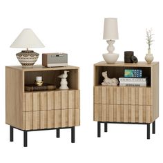 two nightstands with drawers and lamps on them, one is made out of wood