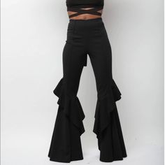 High Waist Bell Bottoms With Ruffle Details At The Bottom Of The Pants. It Has A Back Zipper Closure. Material: 95% Polyester/ 5% Spandex Edgy Flare Bottoms For Party, Edgy High Waist Elastane Pants, Edgy Stretch Pants For Going Out, Target Jumpsuit, Flowy Wide Leg Pants, Black Flare Pants, Cream Pants, Balloon Pants, Stretch Dress Pants