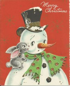 a christmas card with a snowman holding a rabbit