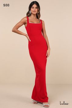 Bring an elevated sparkle wherever you go in the Lulus Timeless Poise Red Rhinestone Square Neck Backless Maxi Dress! This luxe dress has a stretchy techno crepe fabrication that falls from wide straps into a flattering square neckline that continues into a scoop back, all adorned with sparkling rhinestone trim. A princess-seamed bodice and a fitted waist sit atop a figure-skimming column skirt that finishes at an elegant maxi hem. Kick pleat at back allows for movement. Hidden back zipper/clasp. Fit: This garment fits true to size. Length: Floor length. Size medium measures 61.5" from shoulder to hem. Bust: Great for any cup size. Waist: Fitted - very fitted at natural waist. Hip: Loosely Fitted. Undergarments: May be worn with an adhesive bra, petals, or no bra. Fabric: Fabric is very st Luxe Dress, Red Maxi Dress, Red Sleeveless Dress, Backless Maxi Dress, Column Skirt, Red Maxi, Red Dress Maxi, Adhesive Bra, Kick Pleat