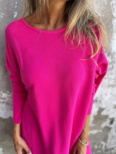 Round Neck Long Sleeve Knitted Top Trendy Solid Color Long Sleeve Crew Neck Top, Pink Crew Neck Sweater With Ribbed Neckline, Long Sleeve Tops With Ribbed Neckline For Spring, Solid Crew Neck Long Sleeve Top For Fall, Casual Pink Sweater With Ribbed Neckline, Casual Solid Color Spring Sweater, Oversized Fine Knit Long Sleeve Top, Solid Long Sleeve Spring Sweater, Trendy Long Sleeve Spring Sweater