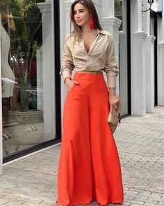 Pantalon Naranja Outfits, Short Teen Dresses, Palazzo Outfit, Teen Dresses, Cutout Shirts, Fiesta Outfit, Women Style Casual, Shirt And Pants, Office Outfits