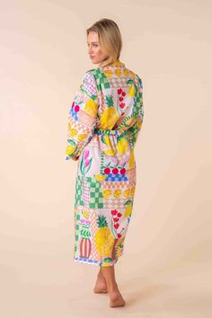 Introducing the Lydia Robe from KAS's vibrant pyjama wear range! Crafted from luxurious 100% cotton material, this robe is your ticket to stylish relaxation. Embrace the playful vibes with its funky design adorned with tropical fruits, adding a burst of colour to your loungewear collection. Whether you're unwinding after a long day or lounging on lazy weekends, the Lydia Robe promises comfort and flair in equal measure. Dive into tropical paradise every time you slip into this cozy robe. Multicolor Cotton Sleepwear For Lounging, Spring Patterned Sleepwear For Pajama Party, Patterned Sleepwear For Pajama Party In Spring, Spring Patterned Sleepwear, Patterned Spring Sleepwear, Multicolor Sleepwear For Spring, Summer Patterned Sleepwear, Spring Patterned Printed Sleepwear, Cotton Sleepwear With Graphic Print For Lounging