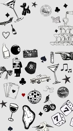 a bunch of different items that are drawn in black and white