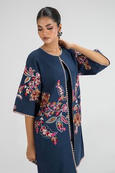 Navy Blue Front Open Jacket Luxury Pret Pakistani Salwar Kameez ascendancy of gentle blooms in a palette borrowed from nature, weaving volumes of irresistible elegance. Detailed Description: SKU: PB713 Detailing: Motifs, pearl, dabka, sequins Color: Navy Blue Fabric: Chiffon net Design: Fully embellished, Embroidery, Dabka Event: Wedding, Festive, Party wear Open Shirt Designs Pakistani Fancy, Front Open Shirt Designs Pakistani, Blue Bohemian Outerwear For Festive Occasions, Traditional Floral Print Outerwear For Spring, Blue Embroidered Nehru Jacket For Spring, Festive Blue Outerwear For Fall, Traditional Blue Nehru Jacket For Spring, Festive Blue Outerwear With Floral Embroidery, Traditional Blue Kurta For Fall