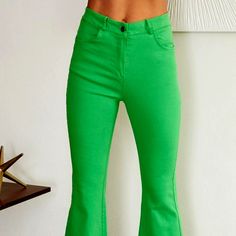 Super Fashion Wide Leg Pants, Trendy Vibrant Color, No Stretch Neon Green Flare Pants, Spring Mid-rise Bottoms, Trendy High Waist Green Flare Jeans, Chic Green Denim Bottoms, Green High-rise Flare Jeans, Chic Green Cotton Jeans, Green Wide Leg Denim Bottoms, High Rise Green Flare Jeans, Spring High Waist Stretch Flare Jeans