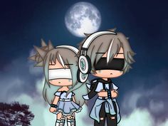 two anime characters standing next to each other in front of a full moon with headphones on