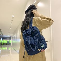 Materials: Denim Size: 30cm X 12cm X 32cm Weight: 0.37Kg Cheap Blue Harajuku Style Backpack, Backpack Korean, Backpack Aesthetic, Aesthetic Backpack, Denim Backpack, Girly Bags, Kanken Backpack, Fjallraven Kanken, Fjallraven Kanken Backpack