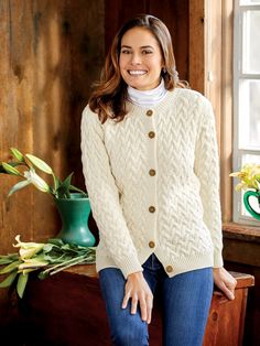 This Authentic Irish Cardigan Is Knit With Luxurious Merino Wool Irish Cardigans, Irish Wool Sweaters, Irish Sweater, Asymmetrical Cardigan, Ivory Cardigan, Vermont Country Store, Wool Sweaters Womens, Aran Sweater, Fisherman Sweater