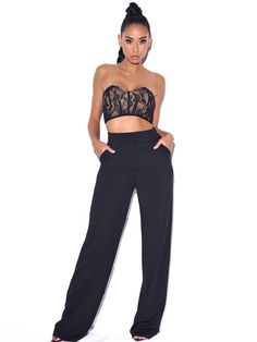 Keep  it Chic in this black laced crop top . This fully cupped lace top is perfect for adding a touch of glam to any look . The nude lining and zippered back add subtle detailing . Add our never enough crepe pants for a flattering weekend look. Materials:Lace Stretch Factor: 2/3 Clean: Dry-clean only Length:Approx 6inc White Wide Leg Trousers, Crop Top And Pants Set, Miss Circle, Black Lace Crop Top, Tie Dye Jumpsuit, Lace Corset Top, New Romantics, Never Enough, Maxi Dress Cocktail