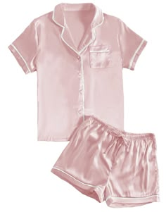 PRICES MAY VARY. Fabric: This satin 2piece pajamas set is made from high-quality satin, it's smooth, breathable and lightweight very comfortable for year round wear. Features: The silk sleepwear designed classic notch neck button front shirt top with chest pocket. And the short has comfy elastic waistband and adjustable drawstring and the loose fit and cozy style with beautiful detail that you can style from day to night. Unique design: Casual pajamas set is necessary for your around the house o Pink Silk Pajamas, Pijama Satin, Pink Pajama, Silk Pjs, My Christmas List, Cute Pajama Sets, Pink Pajamas, Silk Sleepwear, Satin Shorts