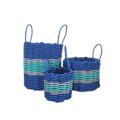 three blue and green baskets sitting next to each other