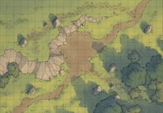 The Halfway Camp, a battle map for D&D / Dungeons & Dragons, Pathfinder, Warhammer and other table top RPGs. Tags: camp, cliff, forest, plains, road, wilderness Maps Rpg, Pathfinder Maps, Map Ideas, Battle Map, Map Making, Tabletop Rpg Maps, Dark Sun, Adventure Map, Town Map