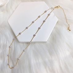 Gold Painted Mini Faux Pearl Scatter Chain Necklace Fashion Jewelry New. Length 14” + 3” Extension Adjustable White Clavicle Chain Necklace, White Clavicle Chain Necklace Choker, White Clavicle Chain Choker Necklace, White Choker Layered Necklace With Adjustable Chain, White Adjustable Chain Layered Choker Necklace, White Layered Choker Necklace With Adjustable Chain, White Adjustable Choker Layered Necklace, Adjustable White Delicate Chain Necklace, White Adjustable Clavicle Chain Layered Necklace