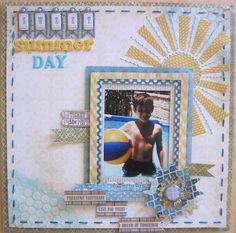 a scrapbook page with an image of a boy holding a beach ball and the words summer day