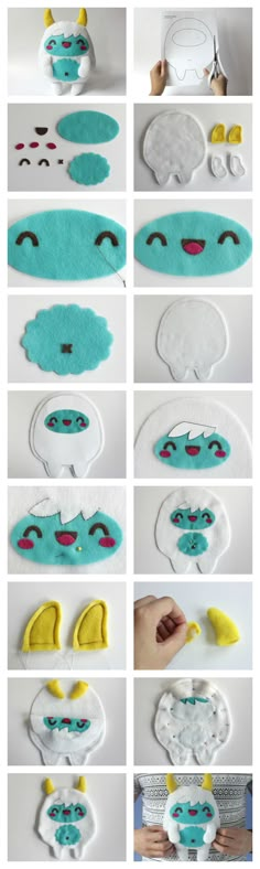 the steps to make a felt face with scissors and glue on it, as well as pictures