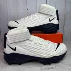 Nike Force Savage Pro 2 Shark Mens Sizes Football Cleats White Navy Blue Bv5448-102 Mens Sizes 12-15 New With Box Dynamic White Nike High-top Sneakers, Sporty White High-top Sneakers, Nike White High-top Sneakers For Training, White Mid-top Fade-resistant Running Shoes, White Fade-resistant Mid-top Running Shoes, White Mid-top Sneakers For Sports Events, White Nike High-top Running Sneakers, White Cushioned Sneakers For Sports Season, Functional White High-top Sports Sneakers