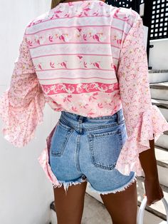 Women Summer Sexy V-neck Tie Beach Shirt Sweet Floral Print All-match Commuter Top New Casual Ruffle Half Sleeve Street Blouses Trendy V-neck Top For Vacation, Trendy V-neck Vacation Tops, Summer V-neck Tops, Chic V-neck Top For Beach Season, Casual V-neck Blouse For Beach Season, Chic V-neck Vacation Tops, Trendy V-neck Beach Blouse, Chic V-neck Top For Vacation, Trendy V-neck Blouse For Beach