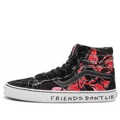 The Vans Stranger Things x SK8HI Reissue 'Upside Down' is a bold and stylish sneaker. It features a black and red colorway, with a reworked suede upper and reflective mesh material. The iconic vine pattern and the 'Friend Don't Lie' lettering on the midsole create a unique look inspired by the fourth season of the show. Perfect for everyday wear, this sneaker is also great for skateboarding and other outdoor activities. With its unique design and comfortable fit, the Vans Stranger Things x SK8HI Reissue 'Upside Down' is a must-have for any fan of the show. (SNKR/Skate/Casual/Unisex/Crossover) Vans Sk8 Hi Reissue, Sk8 Hi Vans, Painted Sneakers, Vine Pattern, Sk8 Hi, Vans Sk8, Mesh Material, Stylish Sneakers, Skateboarding