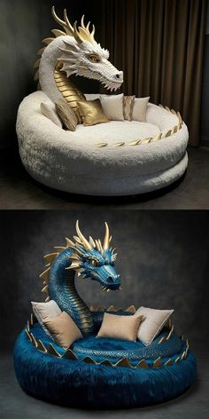 two pictures of the same dragon in different positions, one is sitting on a round bed