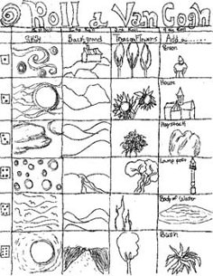 a black and white drawing of different types of plants, trees, and animals in squares