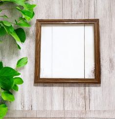 an empty wooden frame hanging on a wall next to green plants and a potted plant