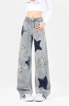 The wide-leg cut denim pants are high-waisted, designed with stars to add a pop of vibrant energy.

The stars have two contrasting designs, the star patchwork and the plain pattern stars.

Adds a touch of rugged sophistication
Stellar Jeans
US women's size
Fits true to size Star Patchwork, Cowboy Pants, 2000s Clothes, Womens Summer Shorts, Boho Summer Dresses, Denim Pants Women, Y2k Jeans, Star Jeans, Jeans Women