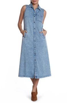 The denim dress gets a summery style-up with a sleeveless silhouette and a soft fabrication enriched with lyocell and cotton. Front button closure Spread collar Sleeveless Chest patch pocket; front welt pockets 62% lyocell, 20% cotton, 12% polyester, 5% rayon, 1% spandex Machine wash, tumble dry Imported Summer Denim Blue Dress With Button Closure, Summer Casual Denim Dress With Pockets, Summer Denim Dress With Pockets For Daywear, Summer Daywear Medium Wash Denim Dress, Summer Medium Wash Denim Dress For Daywear, Medium Wash Denim Dress For Summer Daywear, Sleeveless Cotton Denim Dress For Spring, Spring Sleeveless Midi Dress In Relaxed Fit, Spring Midi Dress Sleeveless Relaxed Fit