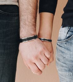 "Couples Bracelets. Set of 2 amazing, unique Stainless Steel cuffs bracelets with Genuine Leather Inlay. Made with Genuine high quality European leather and high quality Stainless Steel. Perfect, meaningful, special couples anniversary gift, valentines gift, wedding gift, birthday gift. Men bracelet is about 0,8in wide, women bracelet is about 0.4in wide. One size bracelets, will fit most wrists, can be adjusted by bending slightly. ❤ SIZE - These cuffs will fit most wrists both men's and women' Matching Couple Bracelets, Couples Bracelets, 25th Anniversary Gifts, Leather Anniversary Gift, Wedding Gift Set, Leather Anniversary, Personalized Couple Gifts, Couples Bracelet, Bracelet Couple